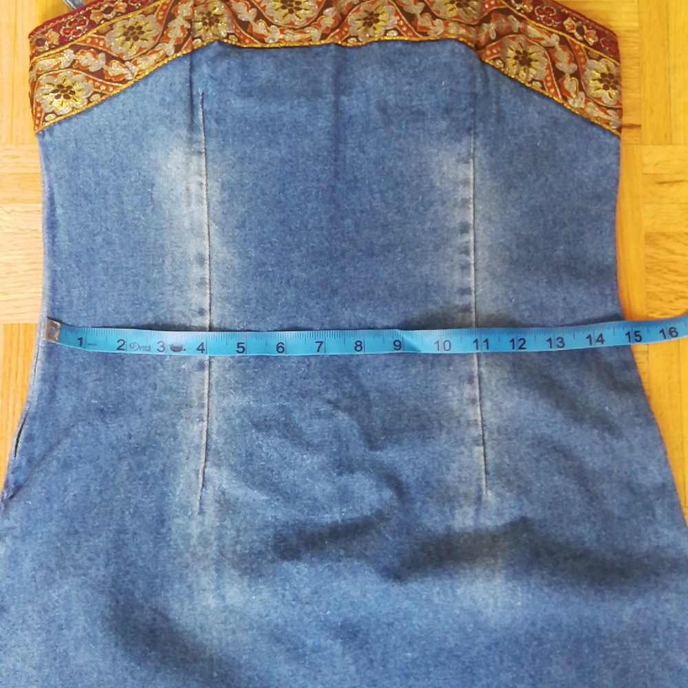 Vintage Blue Denim Slip Dress with Paisley Trim - Picture 7 of 10